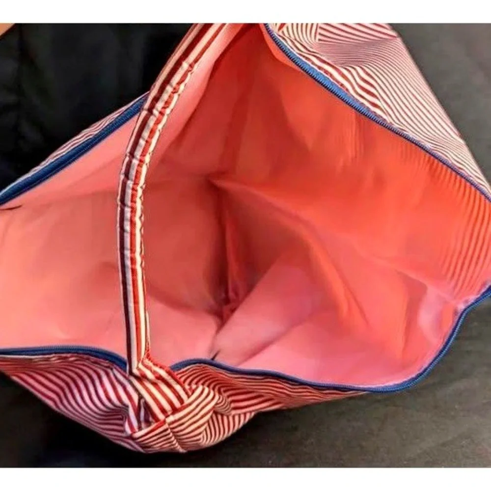 NWOT~Lancome Nautical Red/White Striped Hobo Tote Bag~Summer Beach ~ Zip Closure